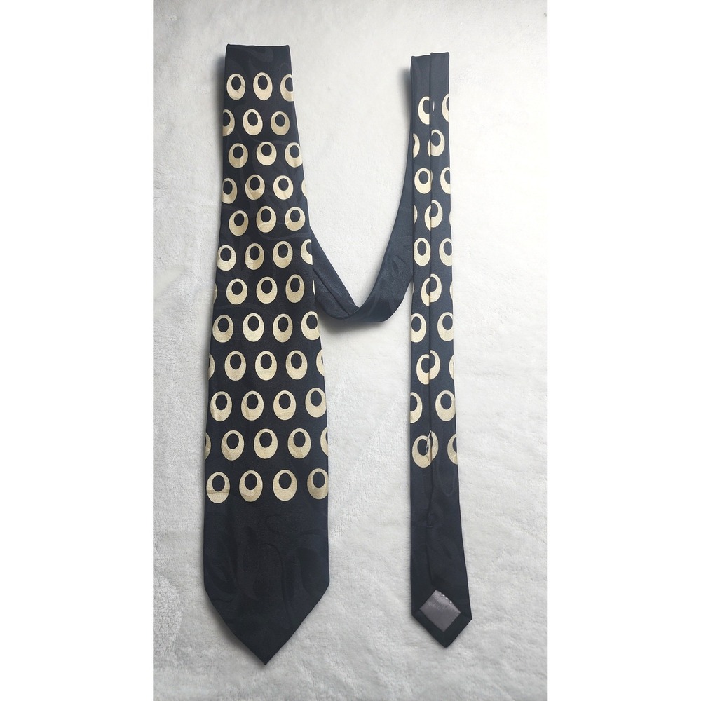 Modules Mens 100% Silk Tie Black Cream Geometric Oval Ring Pattern Made in Japan